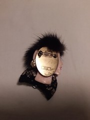 Vintage Brooch Ladies Face With Fur Hat Bow At Neck
