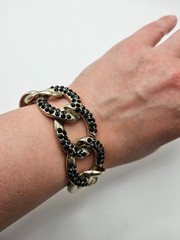 VINTAGE Silver Tone Black Rhinestone large Chain Link Bracelet Toggle Close Punk