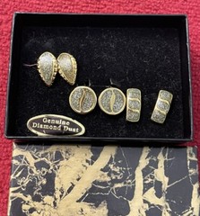 Vintage Diamond Dust Clip On Earrings Jewelry Set Of 3 Gold Tone 80s