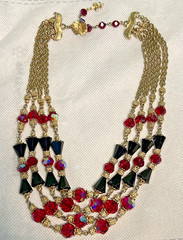 Vintage Signed VENDOME 4-Strand Ruby Red Black Crystal Bib Choker Necklace 17″