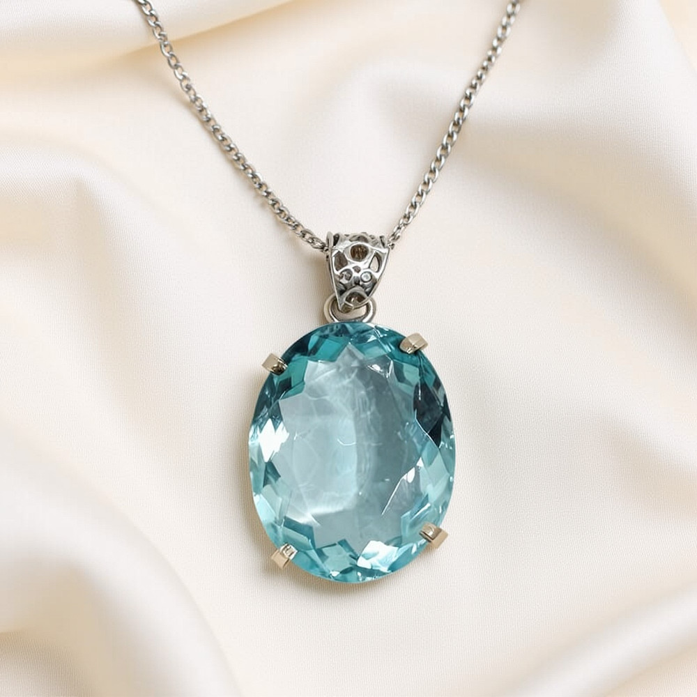 Premium Aqua Blue Topaz Necklace 65 Ct | Oval Cut in Silver & Gold Prongs