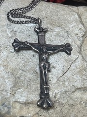 55. Old Rare 925 Sterling Cross Pendant Curb link Chain Necklace 24″, 28.2g
