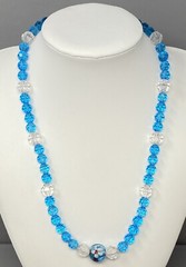 Glass Bead Necklace Blue Faceted Beads Flower Lampwork Center White Acrylic 21″