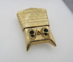 Vintage Jewelled Owl Pin Green Rhinestone Gold Perfume New Old Stock in Box A2