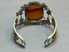 Vintage Baltic Amber Filigree Cuff Bracelet Soviet Era Sterling Silver Plated