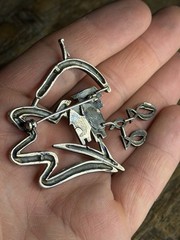 Huge Vintage Modernist Sterling Silver Studio Brooch Abstract House & Fish 2.5″