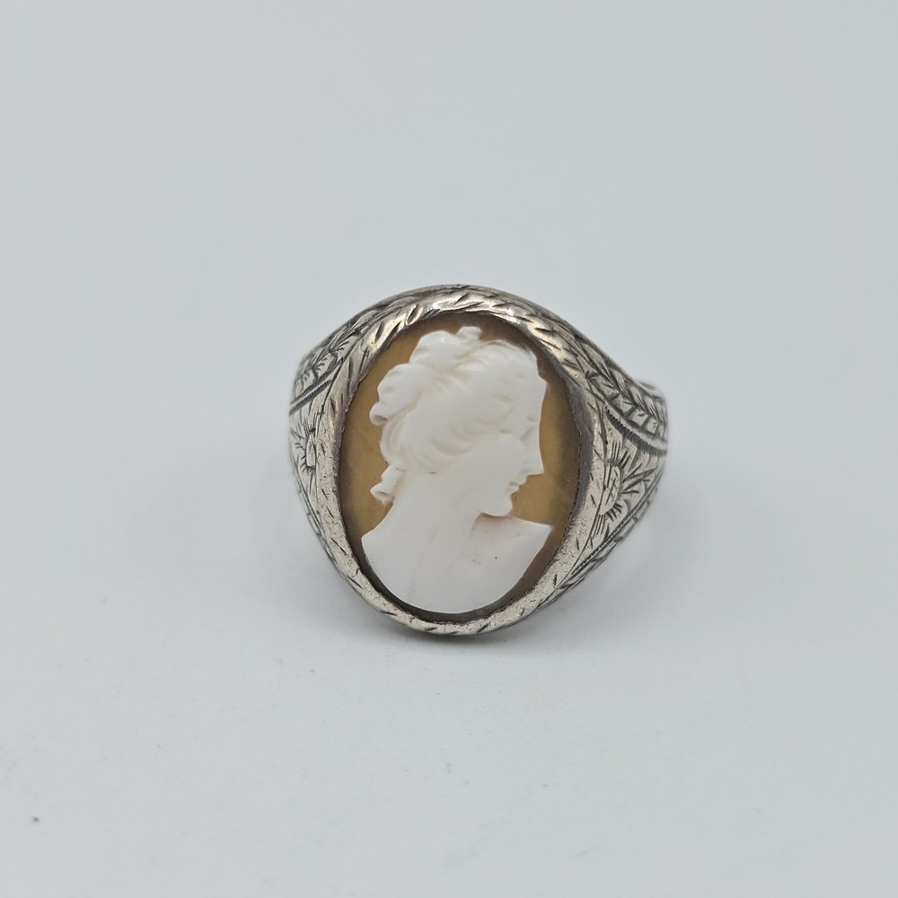 Vintage 925 Sterling Silver Shell Cameo Ring Hand‑Carved Portrait Sz 10.75