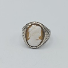 Vintage 925 Sterling Silver Shell Cameo Ring Hand‑Carved Portrait Sz 10.75
