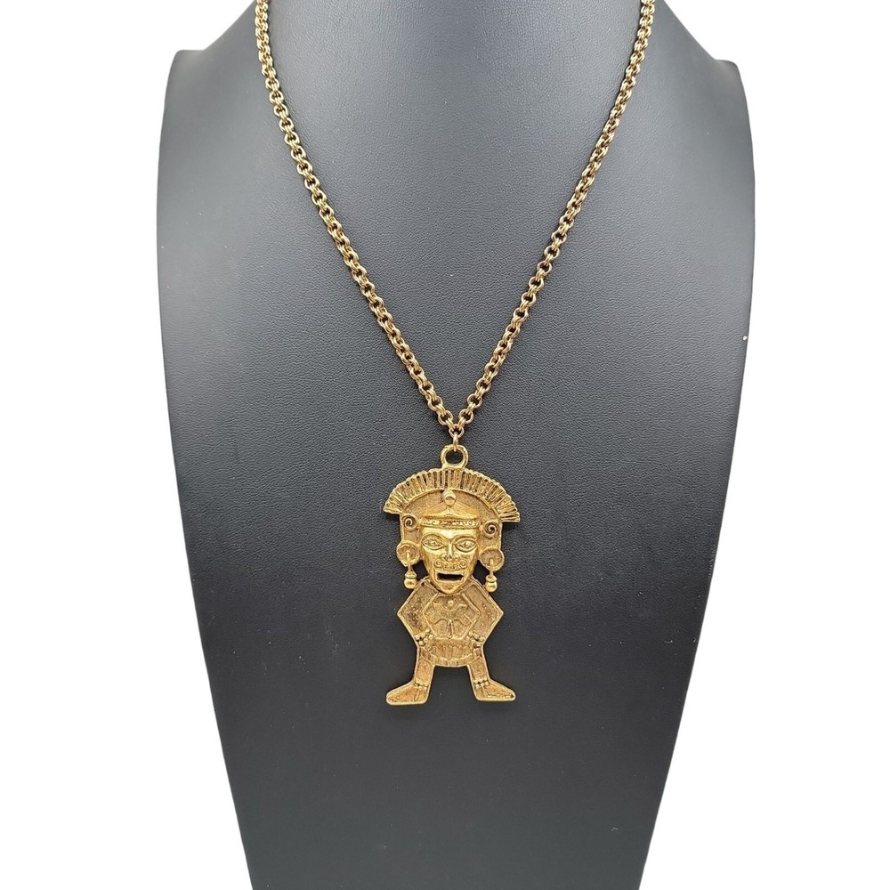 Hobe Statement Pendant Necklace Mayan Inspired 20″ Gold Tone Chain Vintage
