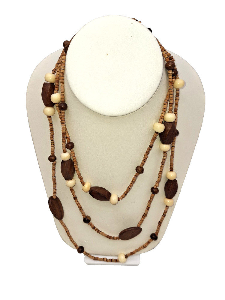VTG Long Bead Boho Necklace Natural Wood Ethnic Tribal Costume Jewelry 58″