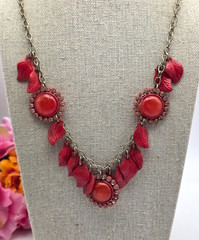 Vintage Bakelite Lucite Floral Bib Necklace Red Leaves Rhinestone Cabochon 21 In