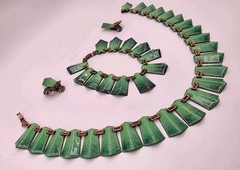 Vintage Signed Matisse Shades Of Green Speckled Enamel On Copper Set