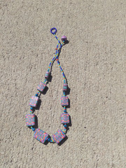 Vintage Polymer Clay Necklace 18in Blue Pink Purple Rectangle Beaded