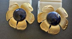 Vintage Clip Earrings Huge Flower Blue Cabochon Flower Statement Gold Tone 80s