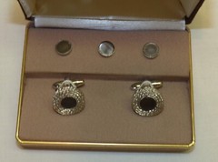 Vtg HICKOK Cufflinks Pair & 3 Stud Button Set Silver & Gray Mother of Pearl MOP