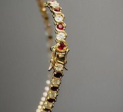 Vtg. 925 Gold Vermeil Ruby Colored Rhinestones & Cubic Zirconia Tennis Bracelet