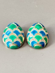 Vintage MARVELLA Blue & Green Enamel Bracelet, Brooch & Earring Set!