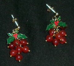 Vintage Holly Leaf Berries Earrings-Enamel Red Beads-Dangle Pierced