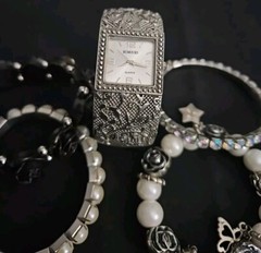 Women’s Pre-owned Lot Of 5 Silver Black Bracelets & Watch