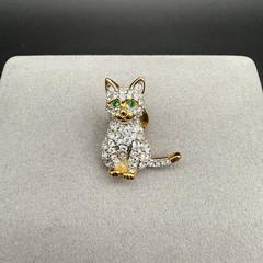 Vintage Swarovski Pave Crystal Kitty Cat Pin Brooch Green Eyes Swan Logo Retired