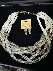 Vintage White Clear Plastic Lucite Costume Jewelry Set Necklace & Earrings