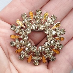 Vintage Rhinestone Brooch Enamel Champagne Sparkles Silver Tone 1.5″