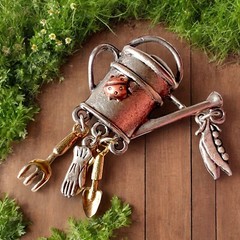 Gardening Charm Brooch Silver Tone Vintage Gardener Tools Watering Can Pin