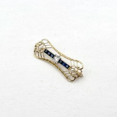 Antique 12k Yellow Gold Art Deco Old European Diamond Sapphire Pearl Pin Brooch