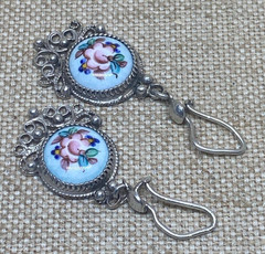 Vintage Earrings Rostov Finift Russian Enamel Painted Floral Dangle Silver Tone