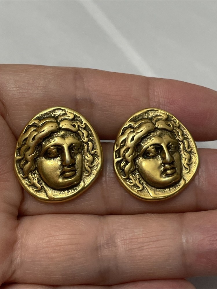MMA I.M. SIGNED MEDUSA FAUX GOLD TONE ANTIQUE COIN 14k POST EARRING