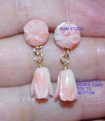 ANTIQUE 14K GOLD ANGEL SKIN CORAL CARVED ROSE STUD DROP EARRINGS Made To Order