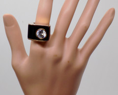 Ross Simons 925 Sterling Silver Gold Plate Black Enamel Crystal Ring sz6.5 BOLD
