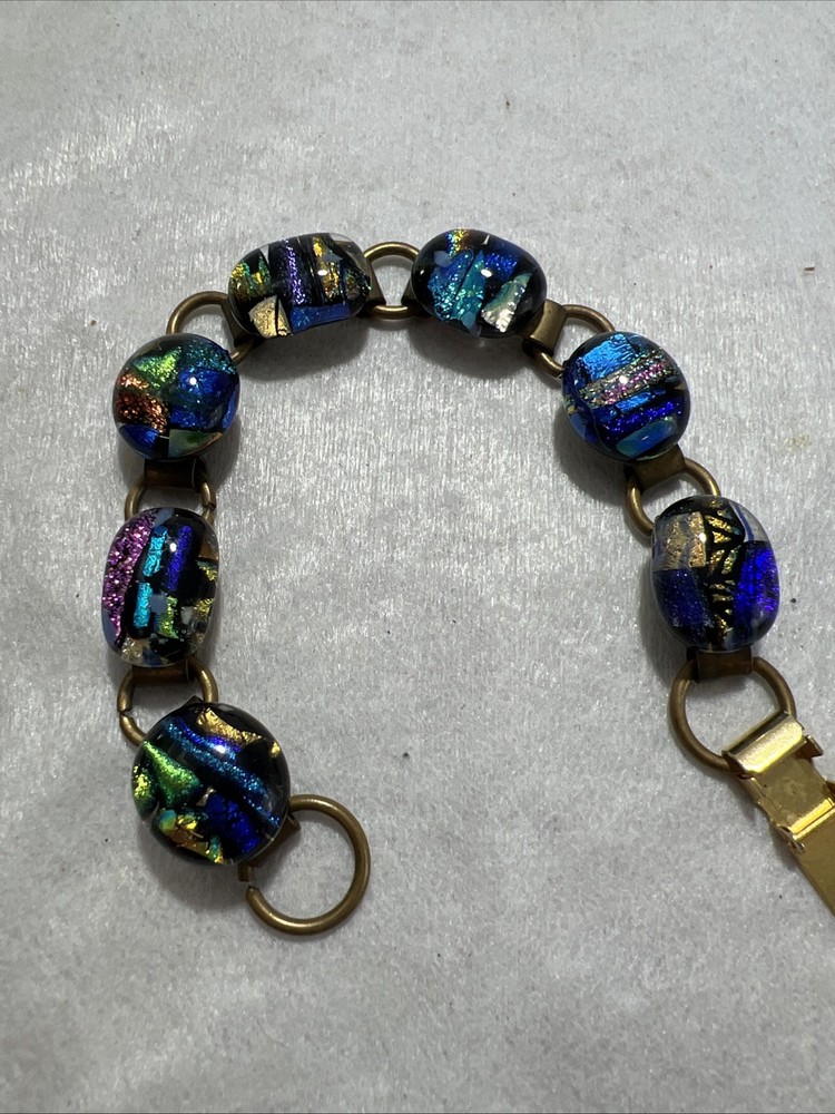 Vintage Glass Cabochon Brass Bracelet Multi Color Rainbow Unique Colorful