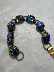 Vintage Glass Cabochon Brass Bracelet Multi Color Rainbow Unique Colorful
