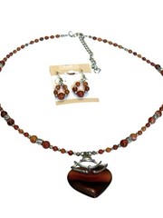 Red Stone Silver Tone Heart Necklace Earring Set Gothic Artsy Style