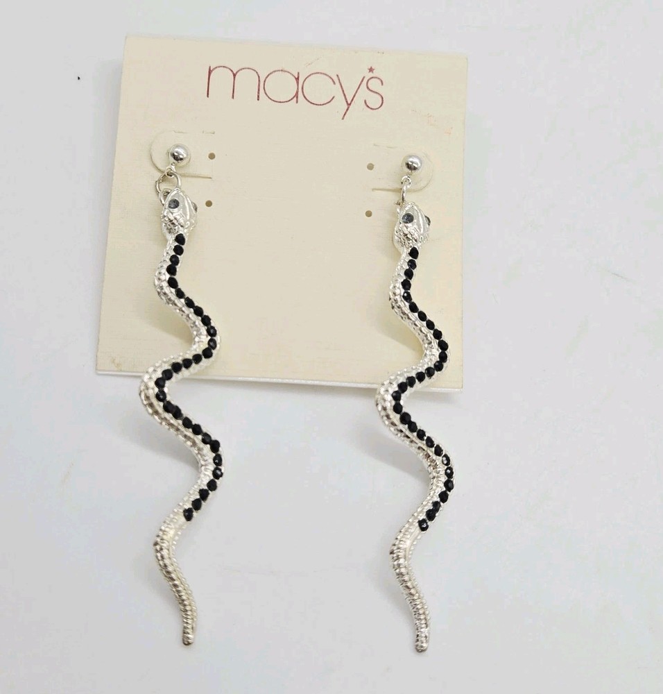 Macy’s Earrings Snake Dangle 80’s style Vintage Silver tone Black 3.5 in