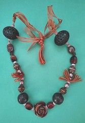 Vintage Lucite ROSE, AMBER STONE, Pink Cat’s Eye Beaded Necklace W/ Ribbon Tie