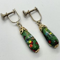 Vtg Japanese Green Millefiori Glass Teardrop Dangle Statement Earrings Screwback