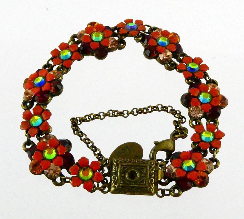 Michal Negrin Rhinestone and Brass Tone Metal Flower Bracelet 6.75 In GOOD