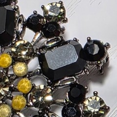 Vintage Flower Rhinestone Brooch 45mm Black Clear Lucite Burst Gunmetal Tone