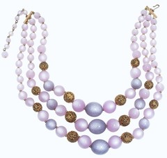 1950s Lucite Necklace Lavender Pink Moonglow Glitter Gold Filigree Beads Grandma