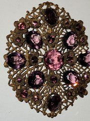 Vintage Oval Floral Brooch Magenta Purple Rhinestone Mid Century Gold Tone Metal