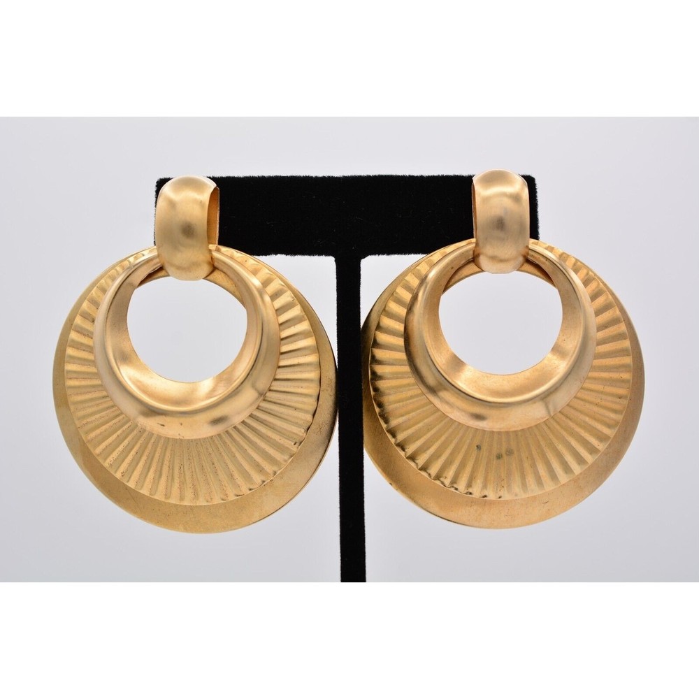 Vintage Dangle Earrings Chunky Gold Tone Metal Layered Ribbed Round 1980s BinAS