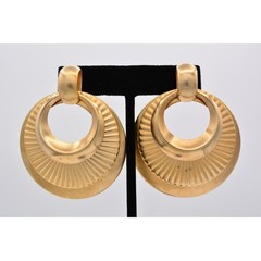 Vintage Dangle Earrings Chunky Gold Tone Metal Layered Ribbed Round 1980s BinAS