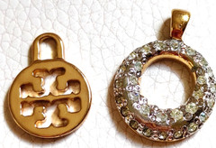 Lot of 2 Vintage Pendant Charms VOGUEBIJOUX Rhinestone Circle & Gold Tone T-Logo