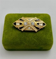 Vintage Jackie Collins 18K Gold Plated Black Enamel Clear Crystal Brooch Pin