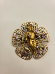 Sculptural Golden Cherub Cupid Angel Brooch Pin Multicolored Enamel Filigree
