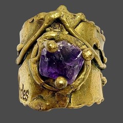 Vtg Brazilian Ernandes Brutalist Brass Ring w/ Raw Amethyst Adjustable 8 – 11