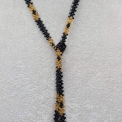 Vintage Yellow Black Beaded Lariat Necklace Handmade 28″