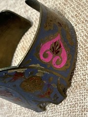 Vintage India Brass Enamel Painted Cuff Bracelet Elephant Floral Boho Blue VTG